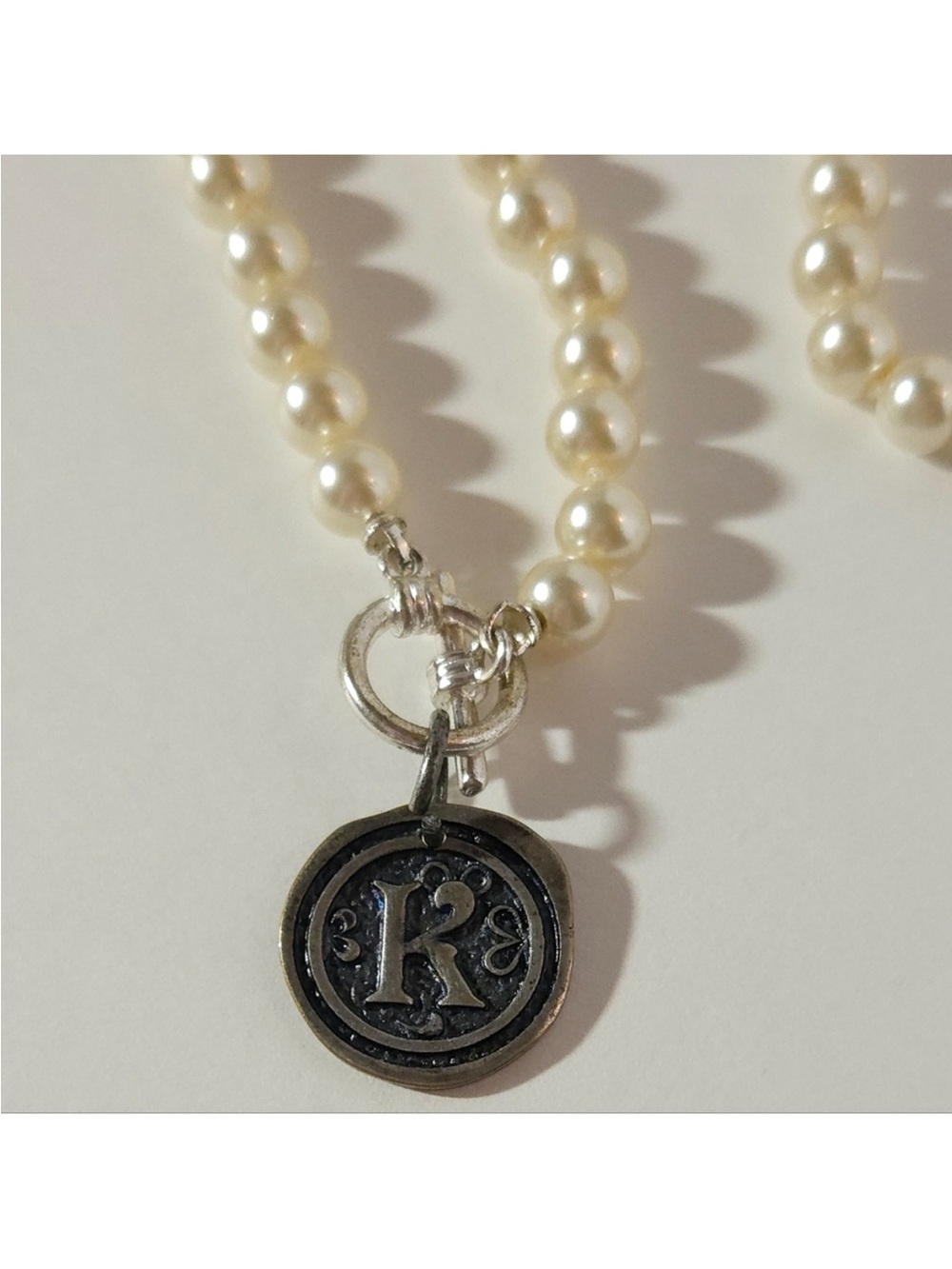 Hand Knotted 18” Faux Pearl Necklace with 'K' Charm Silver Toggle Closure - Picture 4 of 8